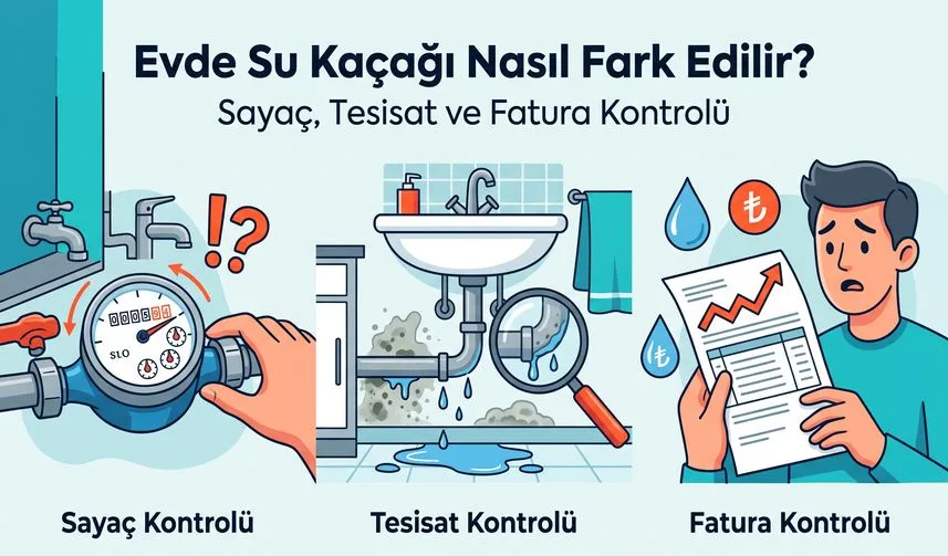 Evde Su Kaçağı Nasıl Fark Edilir? Sayaç, Tesisat ve Fatura Kontrolü konusunu anlatan temsili editoryal illüstrasyon