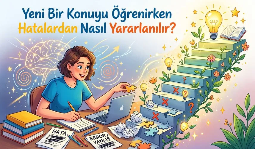 Bir öğrencinin yanlış cevap vermesi, öğrenmenin sona erdiği an değildir. Yeni Bir Konuyu Öğrenirken Hatalardan Nasıl Yararlanılır? konusunu anlatan temsili editoryal illüstrasyon