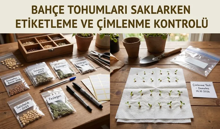 Bahçe Tohumlarını Saklarken Etiketleme ve Çimlenme Kontrolü konusunu anlatan temsili editoryal illüstrasyon
