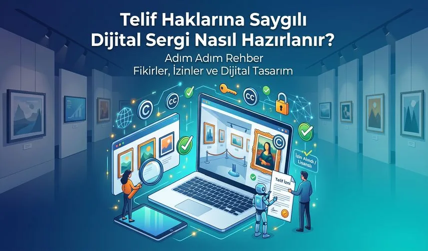 Telif Haklarına Saygılı Dijital Sergi Nasıl Hazırlanır? konusunu anlatan temsili editoryal illüstrasyon