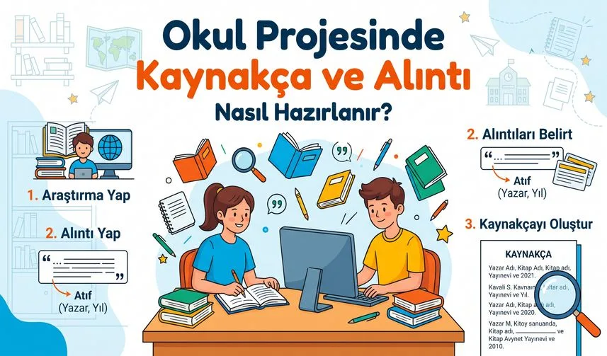 Okul Projesinde Kaynakça ve Alıntı Nasıl Hazırlanır? konusunu anlatan temsili editoryal illüstrasyon