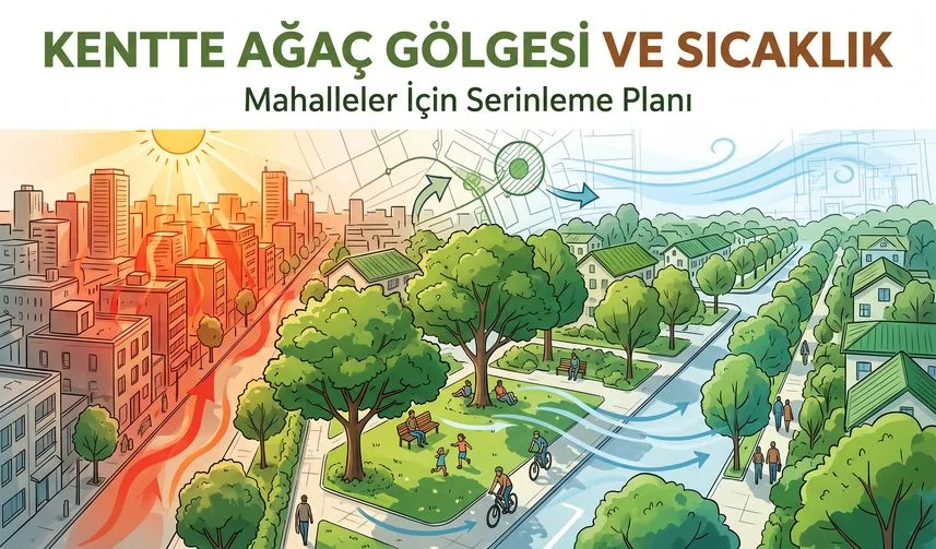 Kentte Ağaç Gölgesi ve Sıcaklık: Mahalleler İçin Serinleme Planı konusunu anlatan temsili editoryal illüstrasyon