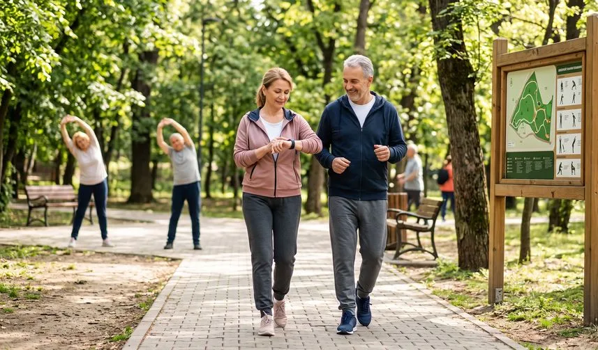 Yeşil bir parkta yürüyüş yapan, nabzını kontrol eden ve arka planda esneme hareketleri yapan yetişkinler ile günlük harekete güvenli başlangıç.