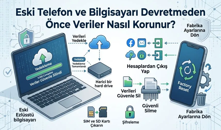 Eski Telefon ve Bilgisayarı Devretmeden Önce Veriler Nasıl Korunur? konusunu anlatan temsili editoryal illüstrasyon