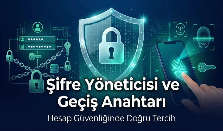Şifre Yöneticisi ve Geçiş Anahtarı: Hesap Güvenliğinde Doğru Tercih konusunu anlatan temsili editoryal illüstrasyon