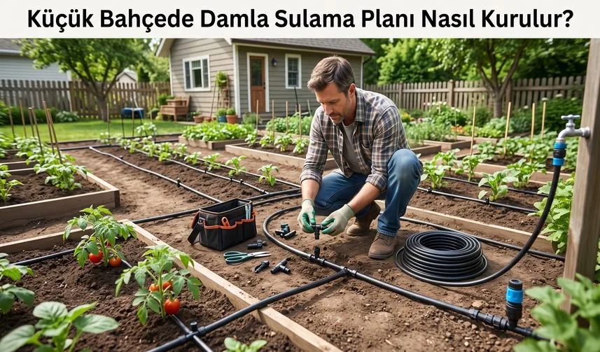 Küçük Bahçede Damla Sulama Planı Nasıl Kurulur? konusunu anlatan temsili editoryal illüstrasyon